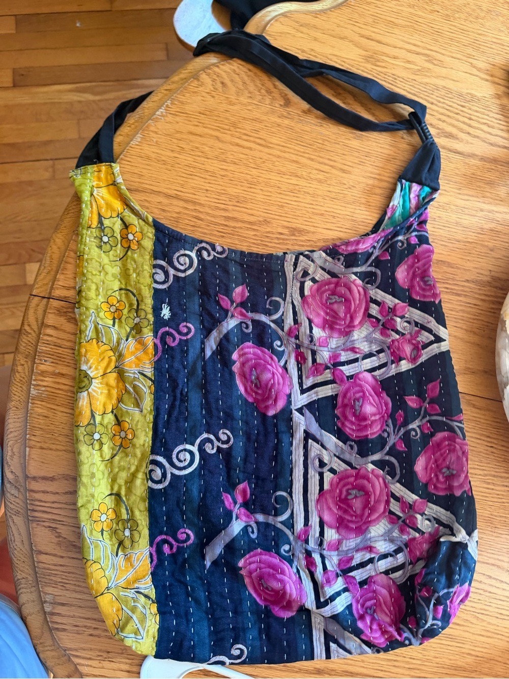 Patchwork Floral Tote Bag with Pink Roses